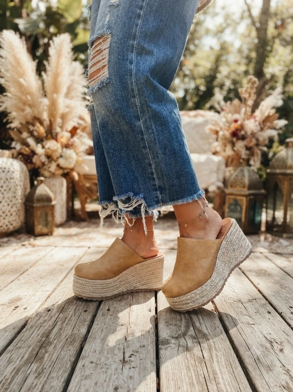 BEAST FASHION Tan BOHO Espadrille Platform Mule